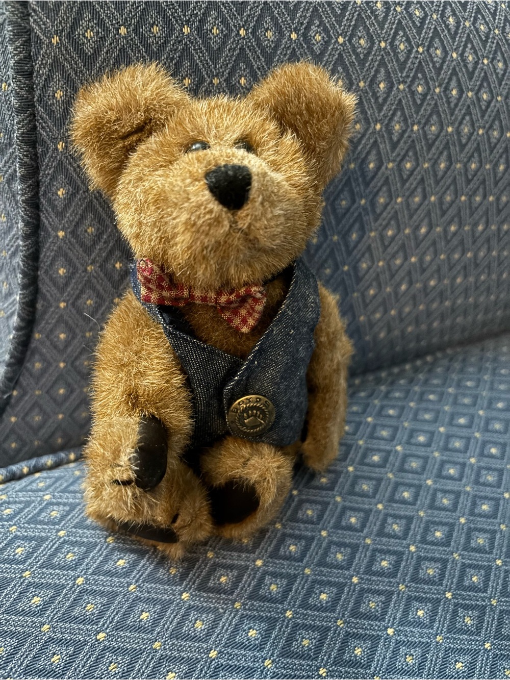 6 " Boyds Bears Raeburn Plush Jointed Brown Bear In Denim Vest, Bow Tie